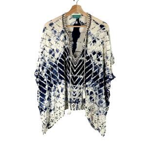 Taj by Sabrina Crippa Blue and White Beaded Kaftan Silk Blouse Size S Cover Up